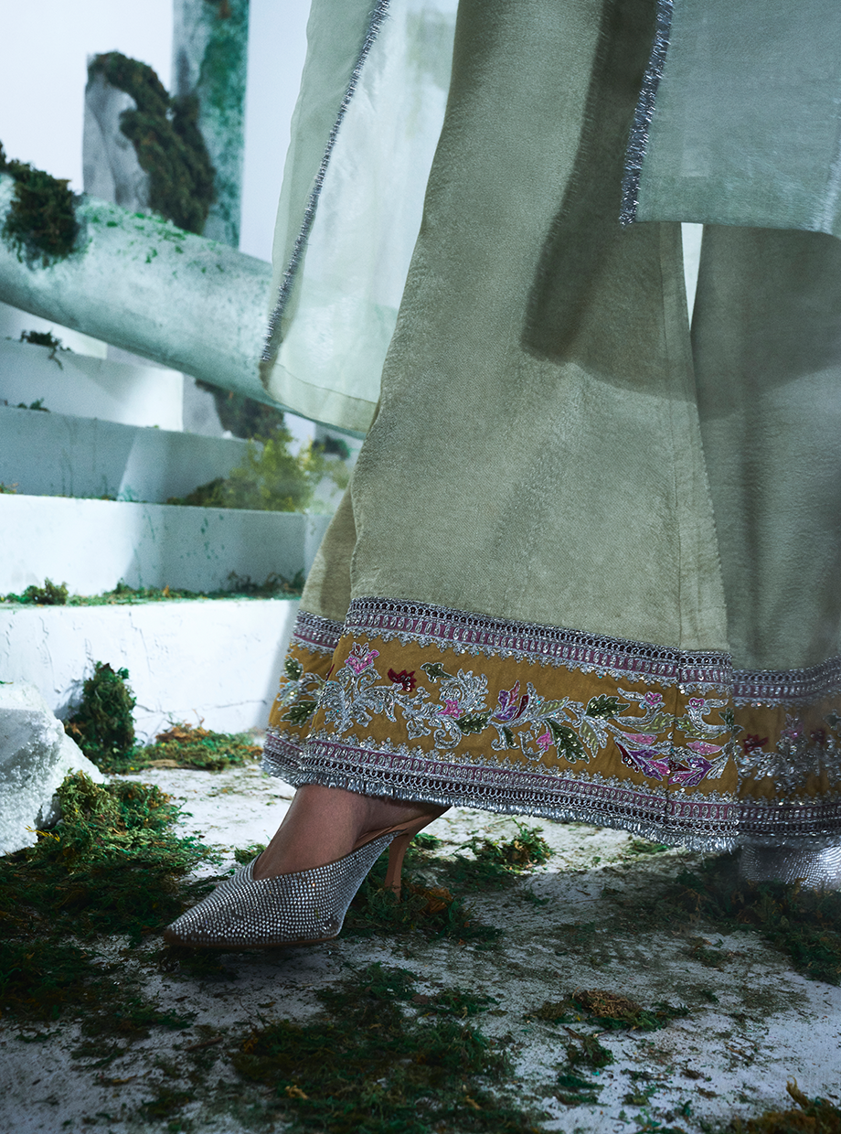Soft Mint Green Trench Coat Paired With Gajji Satin Silk Corset Top And Pant - Ankush Jain