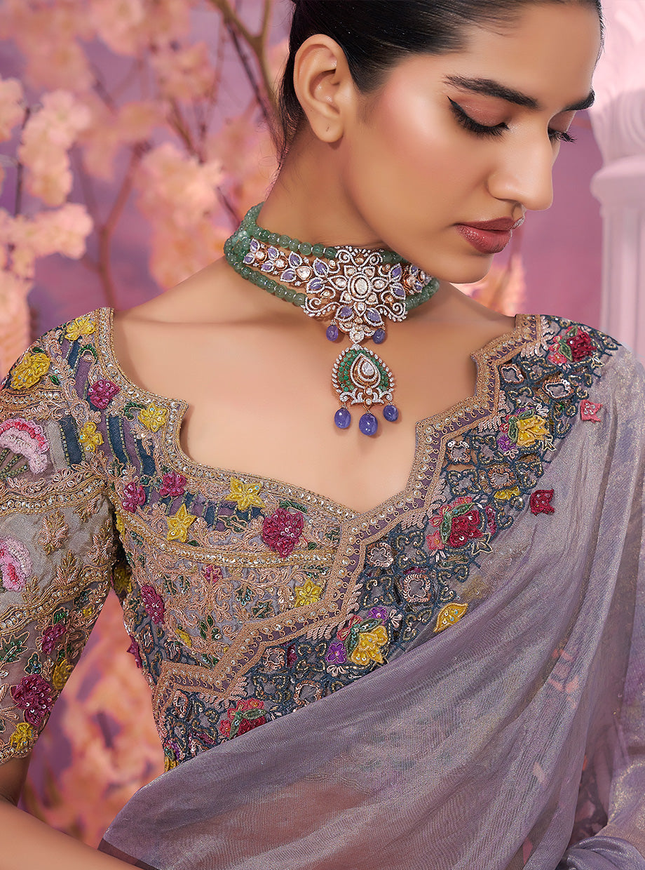 Grey Tissue Cutwork Sarees - Ankush Jain