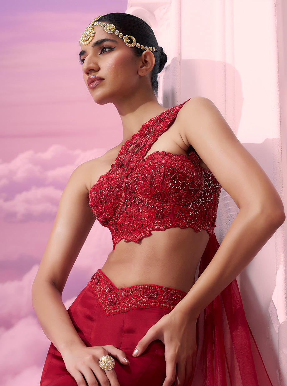 Red One Shoulder Bp With Mermaid Skirt - Ankush Jain