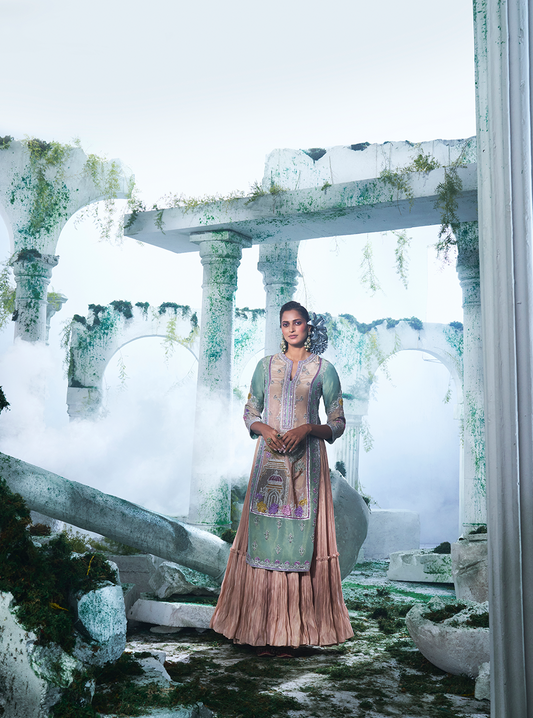 Soft Green Kurta Paired With A Flared Gown - Ankush Jain
