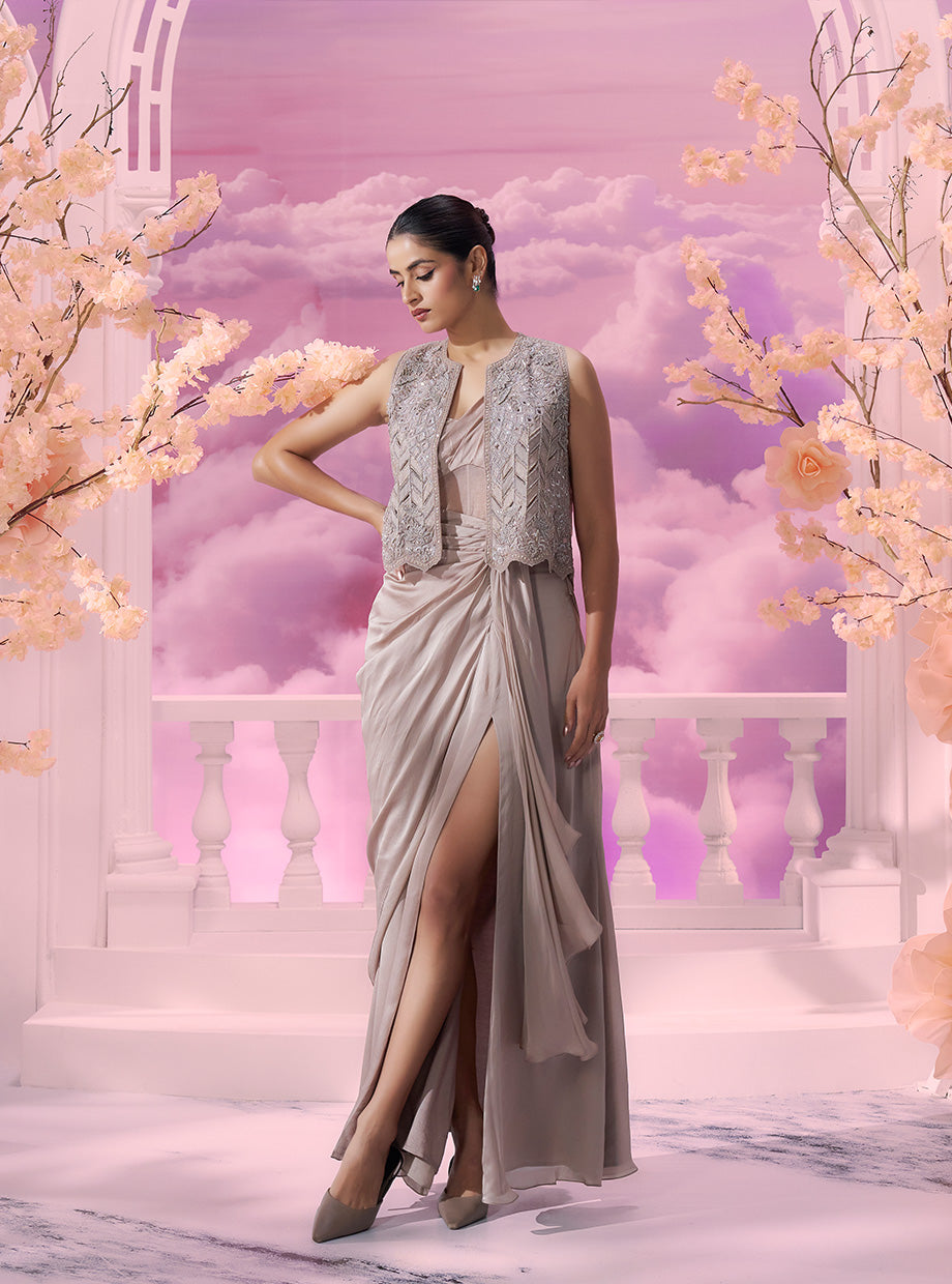 Grey Incut Jkt+gown - Ankush Jain