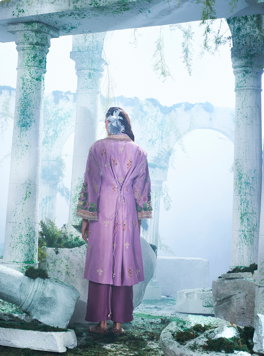 Light Purple Size Friendly Trench Coat With Silk Pant - Ankush Jain