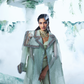 Soft Mint Green Trench Coat Paired With Gajji Satin Silk Corset Top And Pant - Ankush Jain