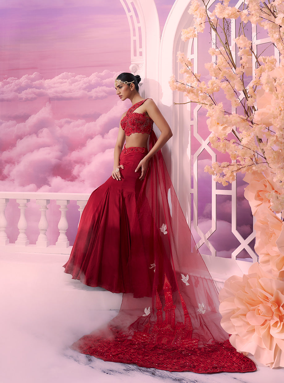 Red One Shoulder Bp With Mermaid Skirt - Ankush Jain