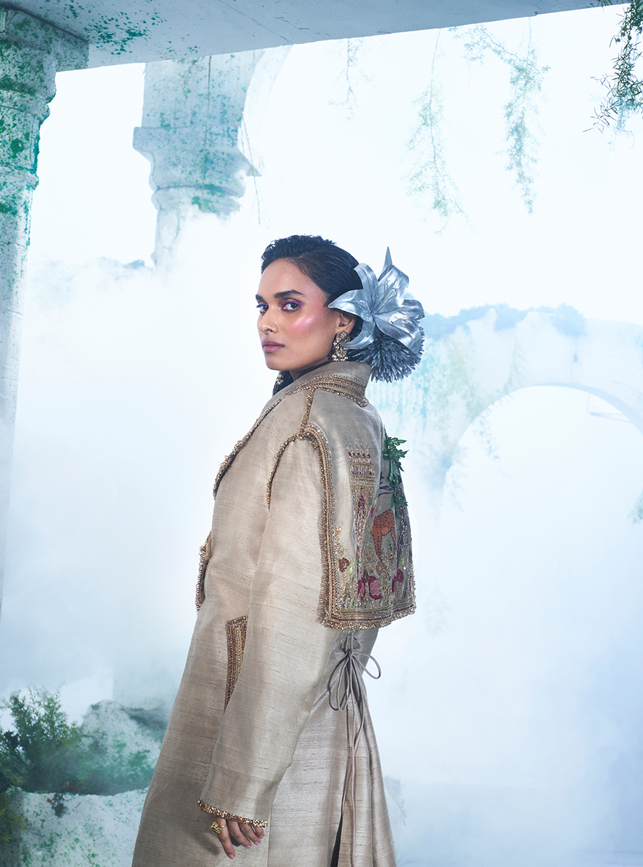 Deep Dusky Beige Size Friendly Trench Coat  Paired With Pure Dupian Silk Flared Pant - Ankush Jain