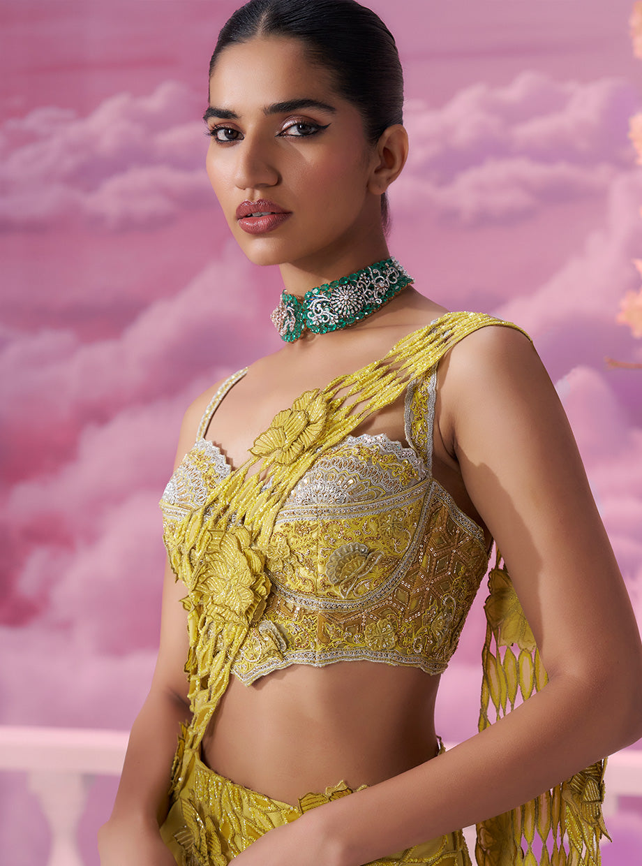 Yellow Cutwork Drape Saree - Ankush Jain