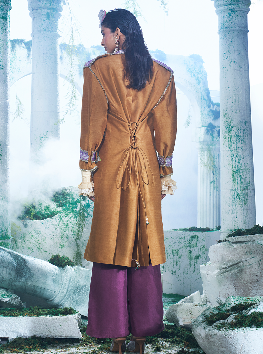 Deep Mustard Trench Coat With Shirt And Pant - Ankush Jain