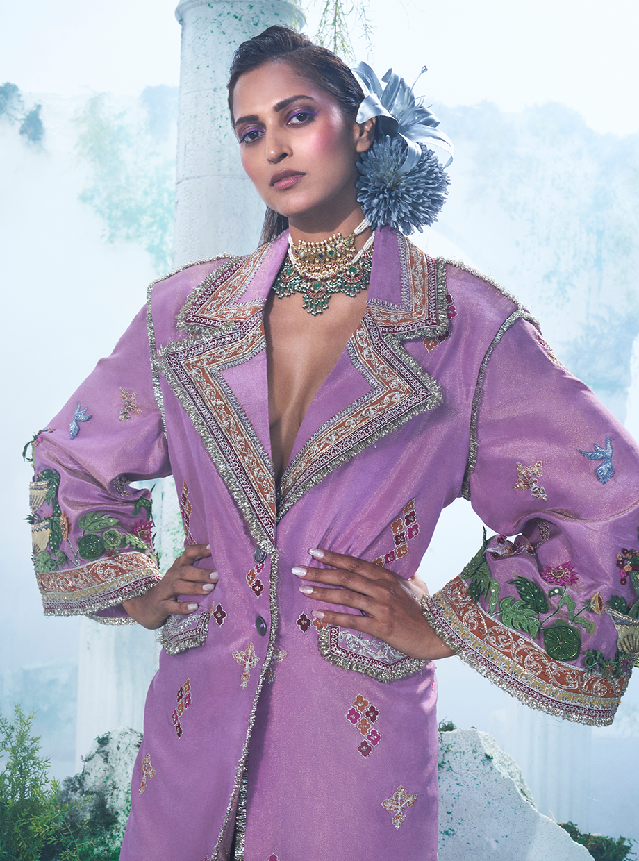 Light Purple Size Friendly Trench Coat With Silk Pant - Ankush Jain
