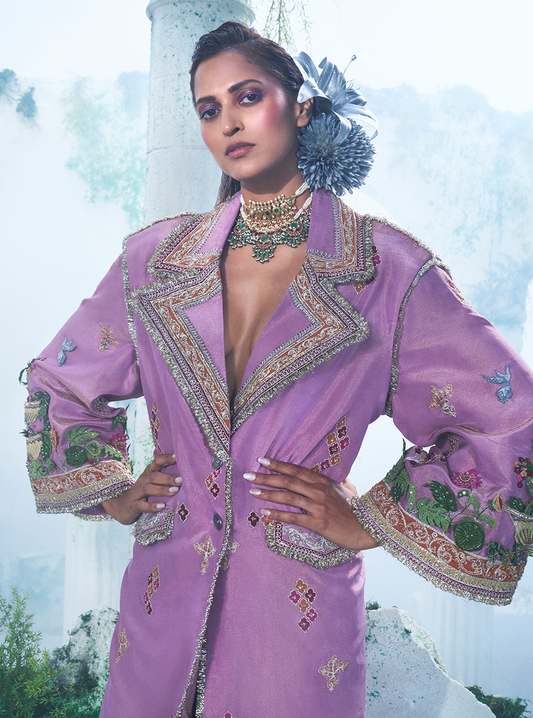 Light Purple Size Friendly Trench Coat With Silk Pant - Ankush Jain