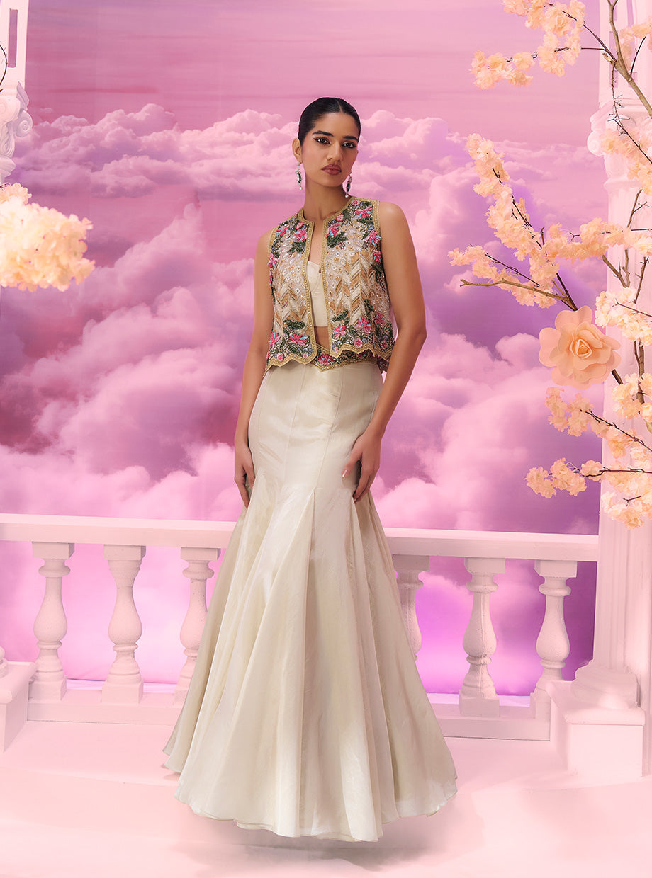 White Incut Jkt+mermiad Skirt - Ankush Jain