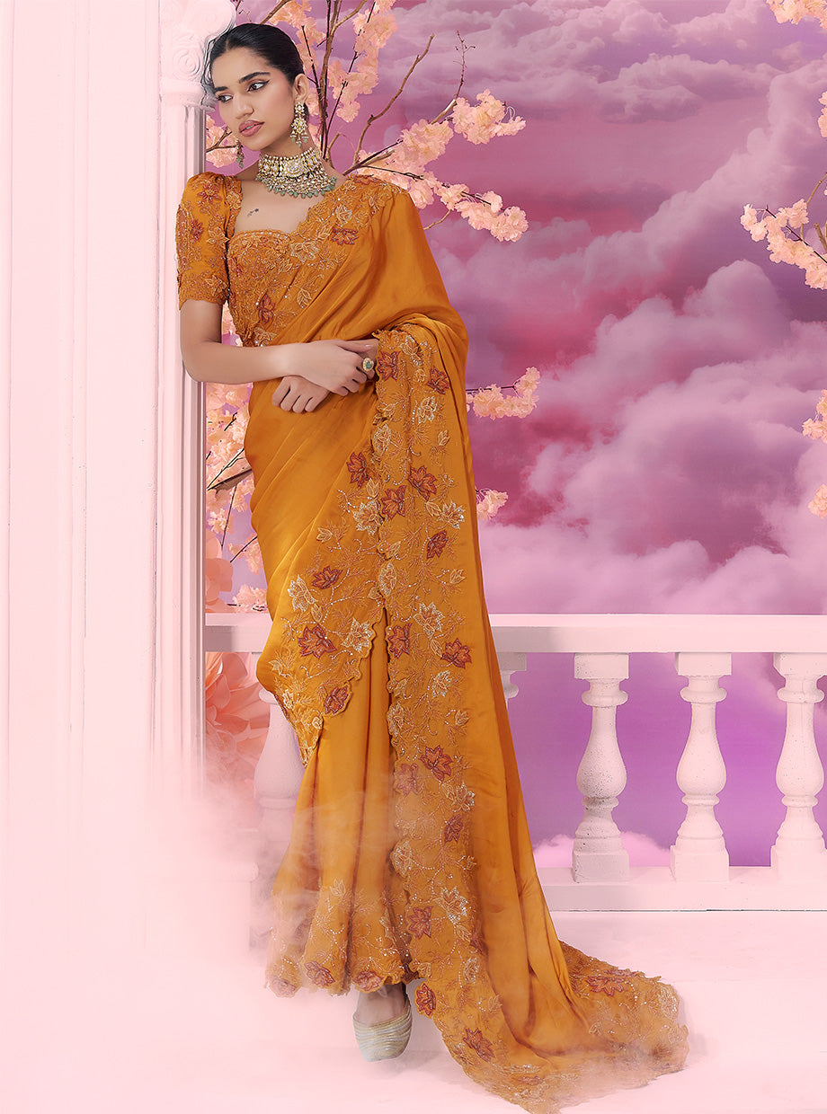 Organge Satin Organza Saree - Ankush Jain