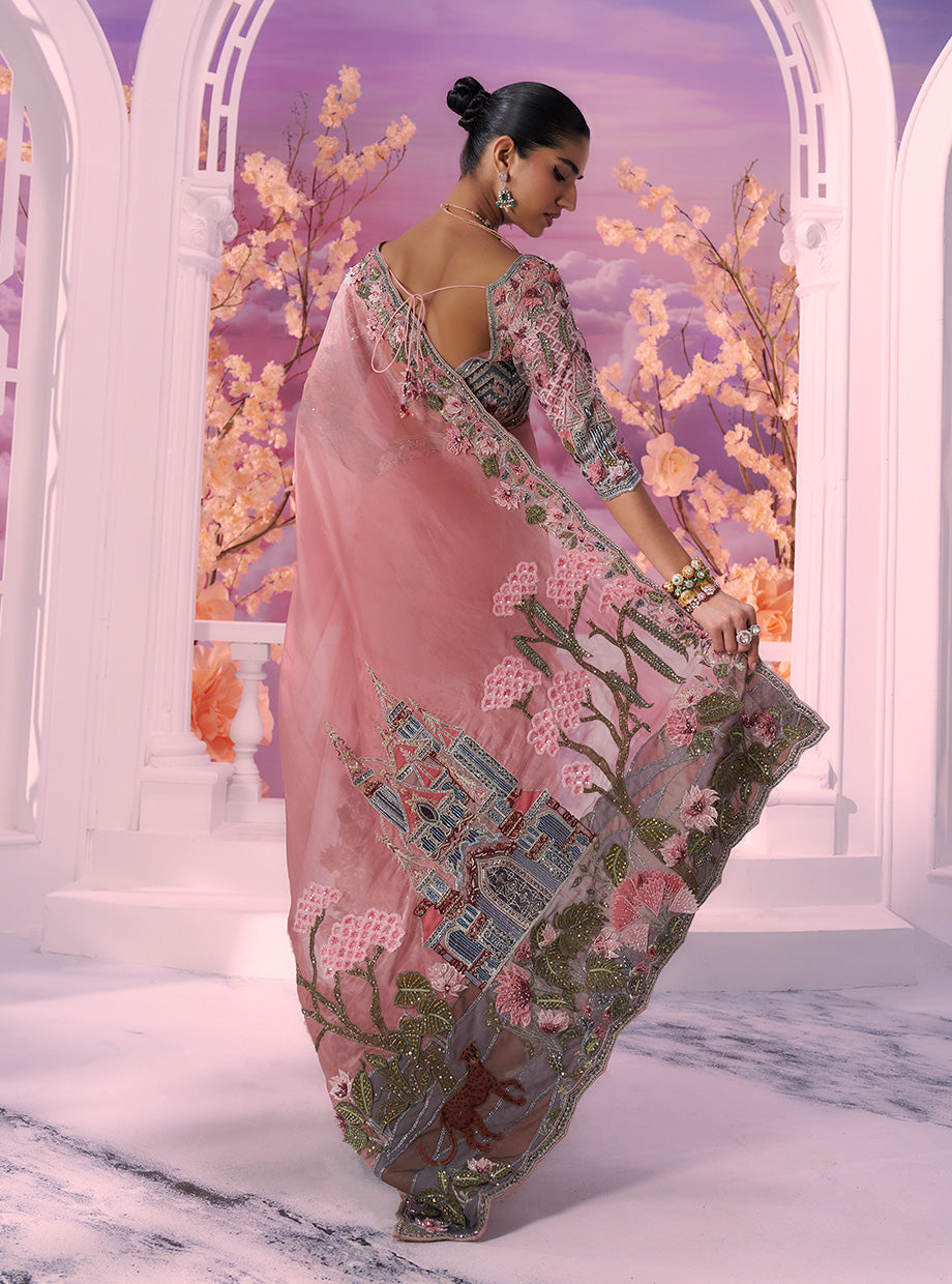 Pink Cutwork Panther Saree - Ankush Jain