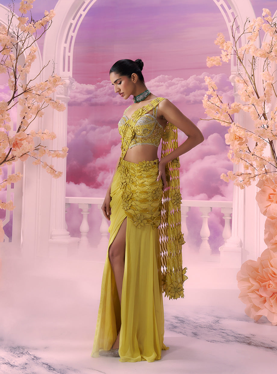 Yellow Cutwork Drape Saree - Ankush Jain