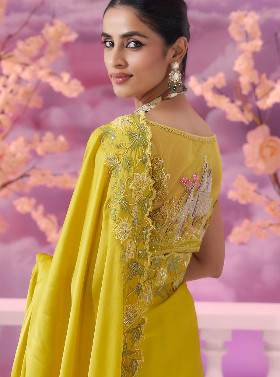 Yellow Satin Organza Saree - Ankush Jain
