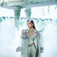 Soft Mint Green Trench Coat Paired With Gajji Satin Silk Corset Top And Pant - Ankush Jain