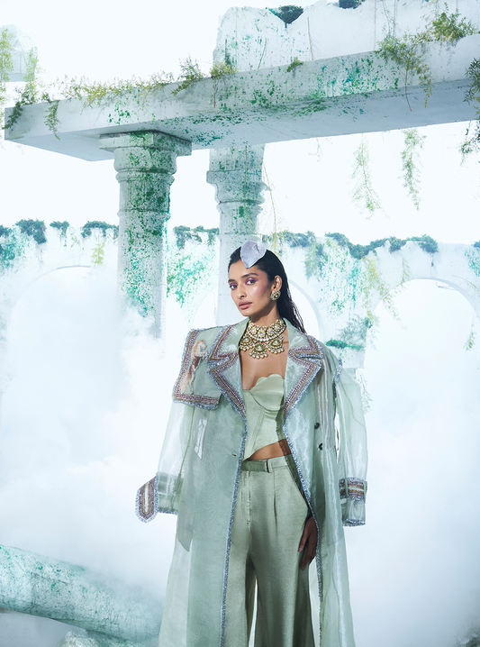 Soft Mint Green Trench Coat Paired With Gajji Satin Silk Corset Top And Pant - Ankush Jain