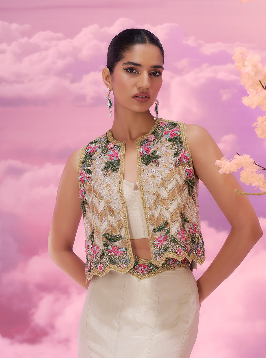 White Incut Jkt+mermiad Skirt - Ankush Jain