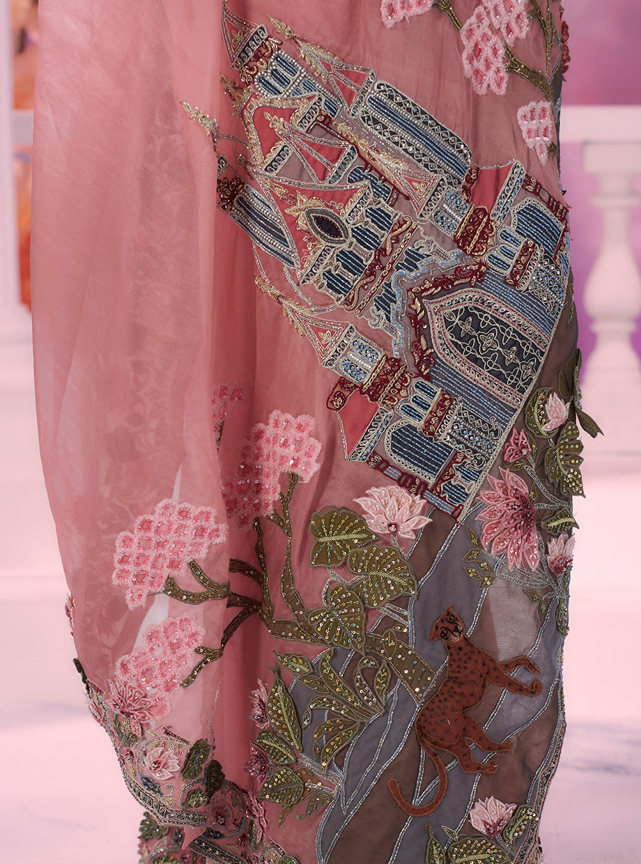 Pink Cutwork Panther Saree - Ankush Jain