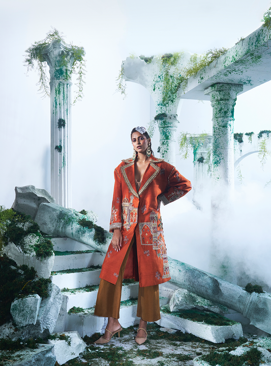 Rust Orange Trench Coat Paired With Corset Top Inside  And Pure Dupian Flared Pant - Ankush Jain