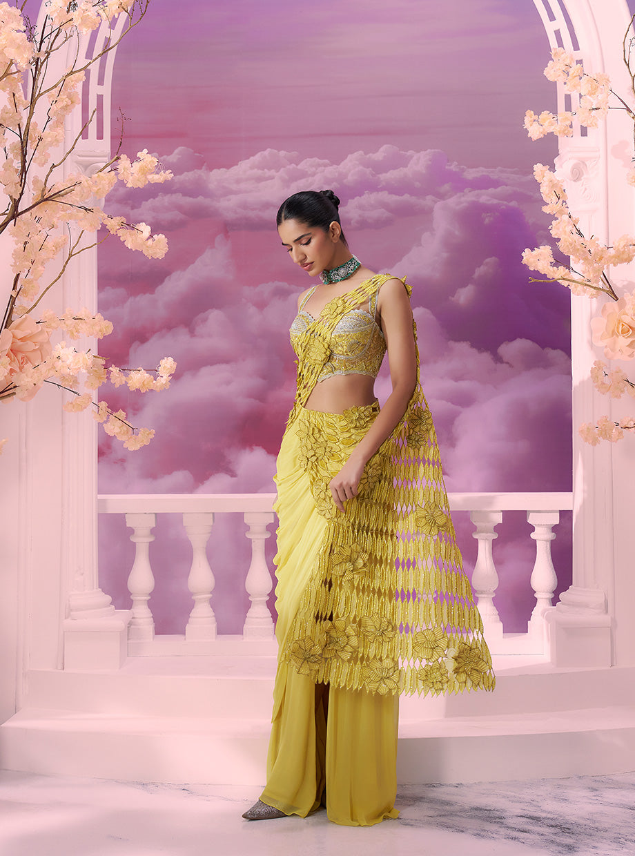 Yellow Cutwork Drape Saree - Ankush Jain