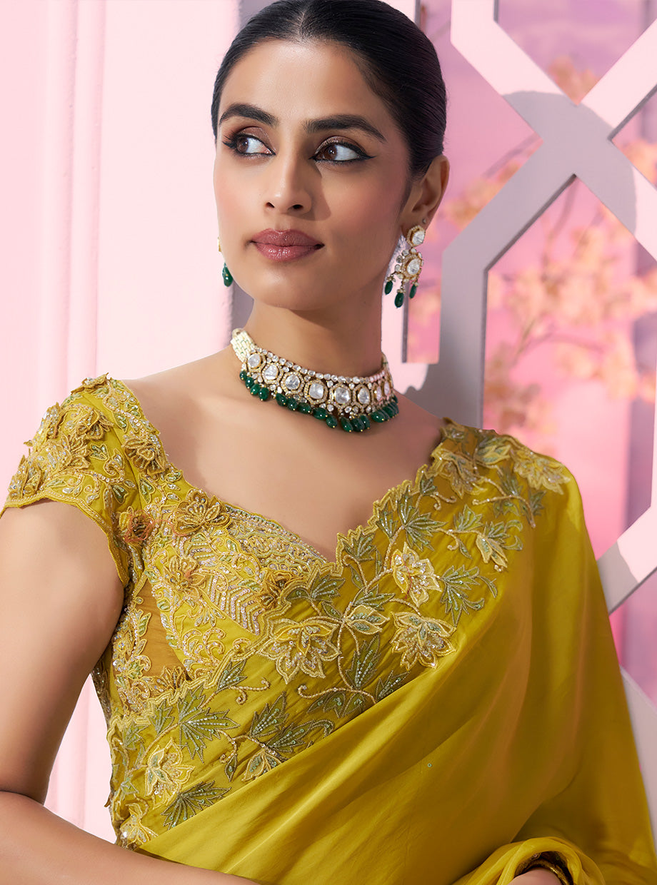 Yellow Satin Organza Saree - Ankush Jain