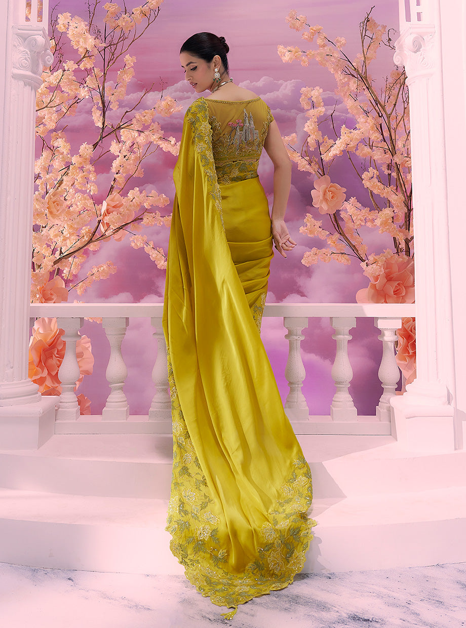 Yellow Satin Organza Saree - Ankush Jain