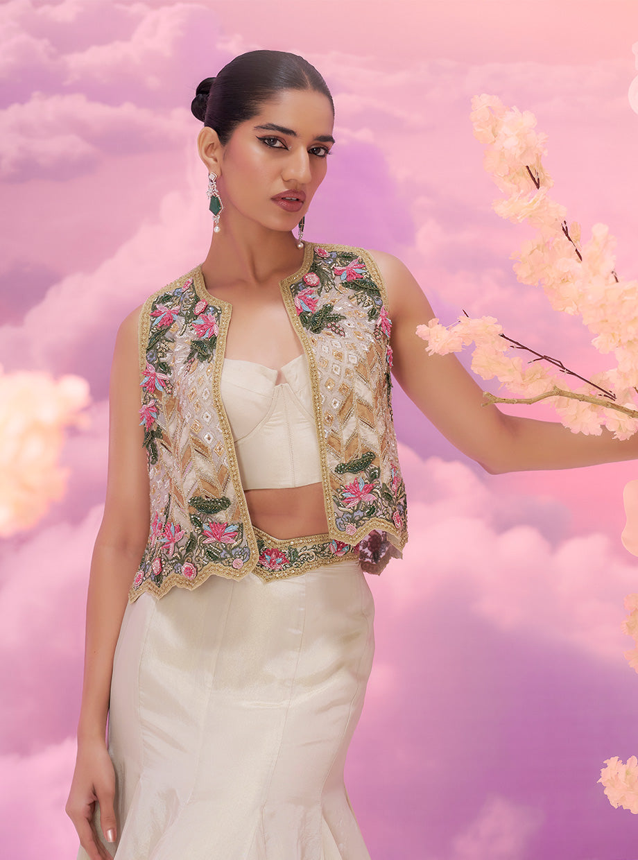 White Incut Jkt+mermiad Skirt - Ankush Jain