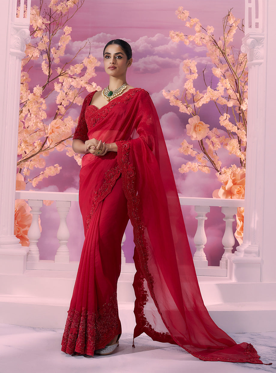 Red Saree 3d Work - Ankush Jain