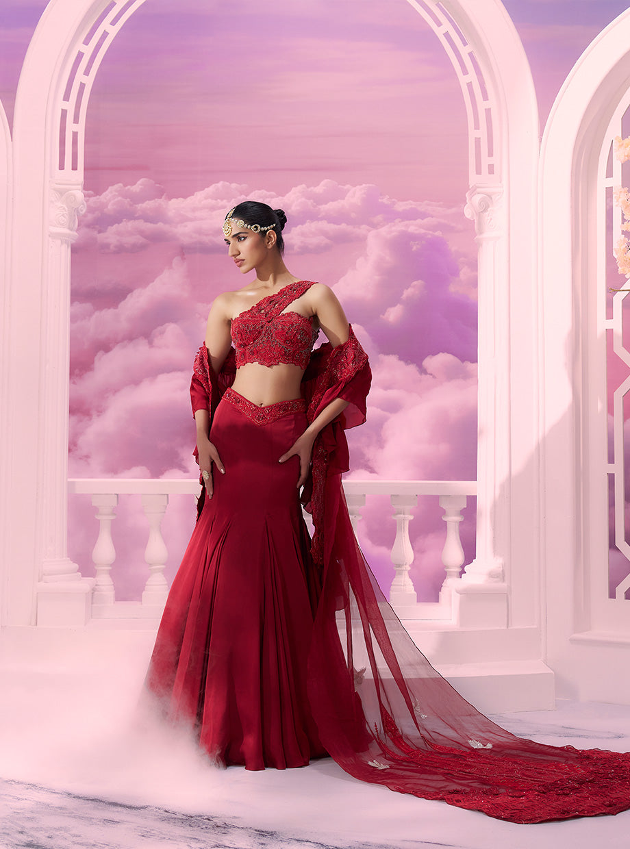 Red One Shoulder Bp With Mermaid Skirt - Ankush Jain