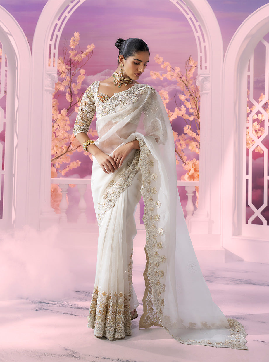 White Cutwork Saree - Ankush Jain