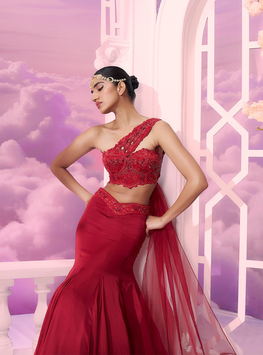 Red One Shoulder Bp With Mermaid Skirt - Ankush Jain
