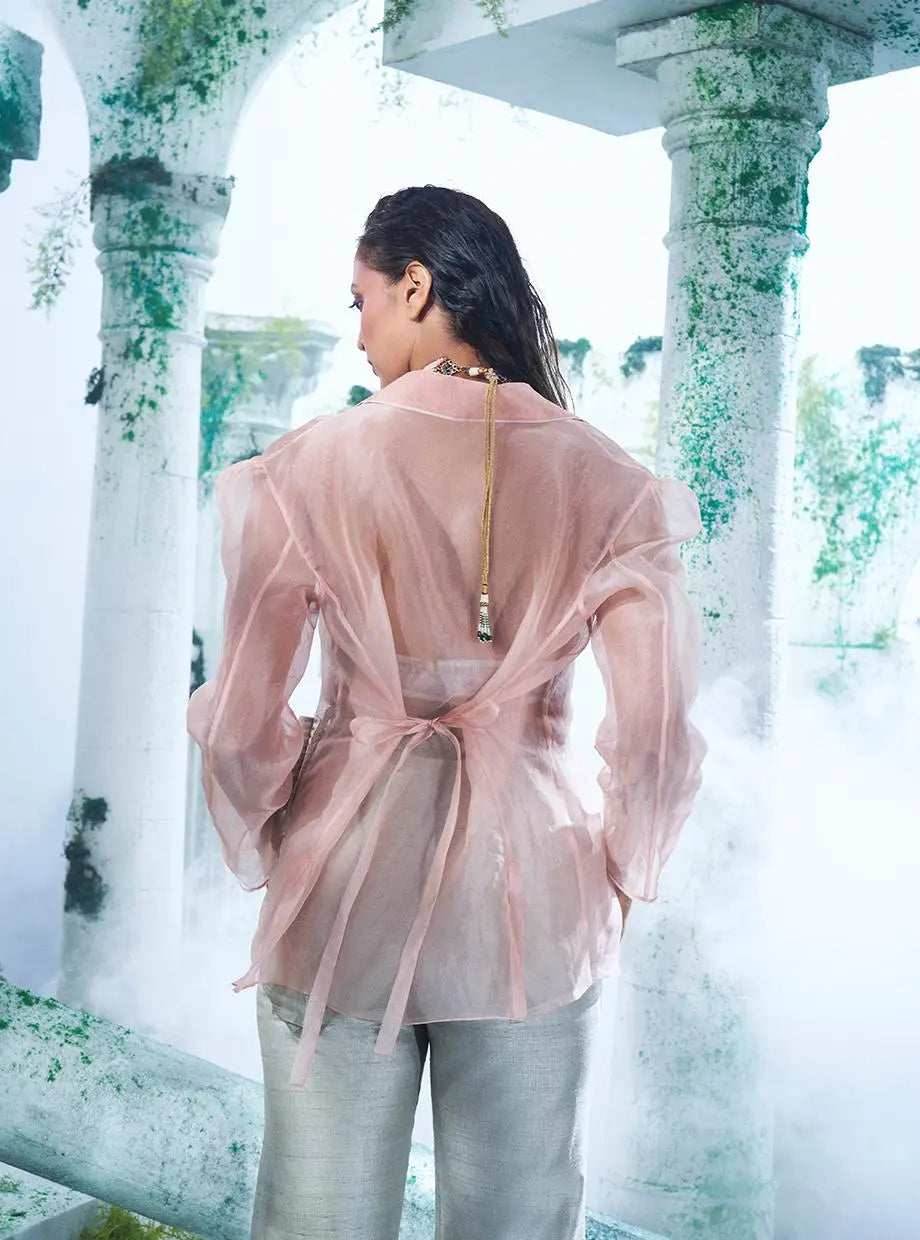 Carnation Pink Blazer With Light Champange Colour Pure Dupain Flared Pant - Ankush Jain