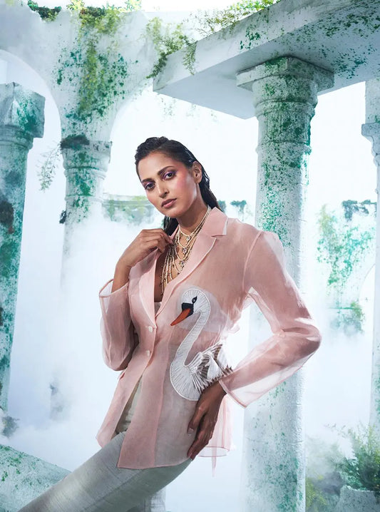Carnation Pink Blazer With Light Champange Colour Pure Dupain Flared Pant - Ankush Jain