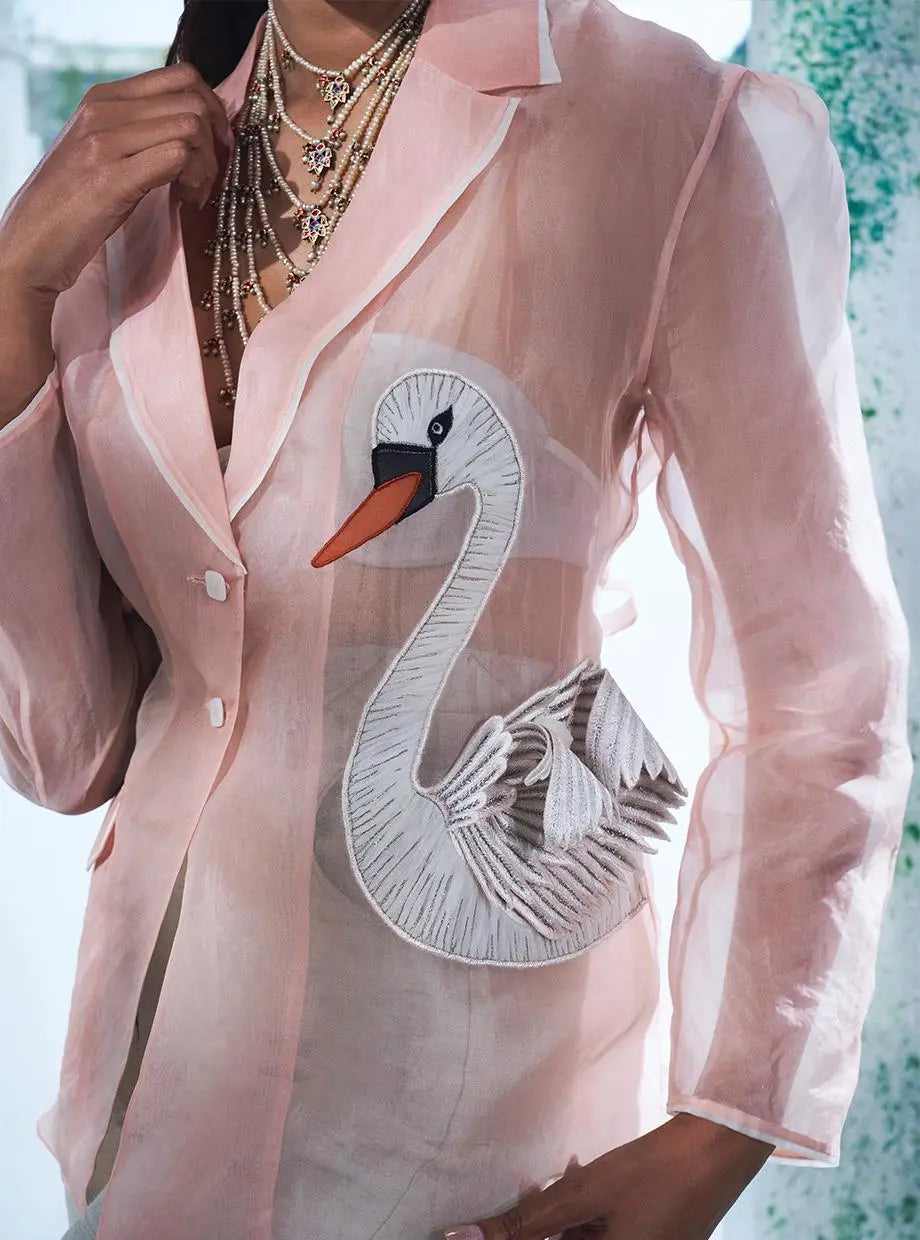 Carnation Pink Blazer With Light Champange Colour Pure Dupain Flared Pant - Ankush Jain