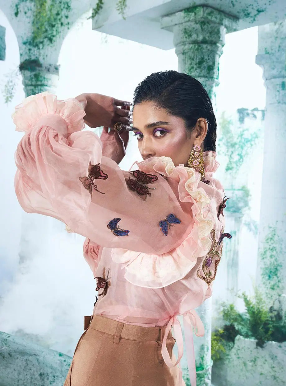 Carnation Pink Shirt With Pure Dupian Flared Pant - Ankush Jain