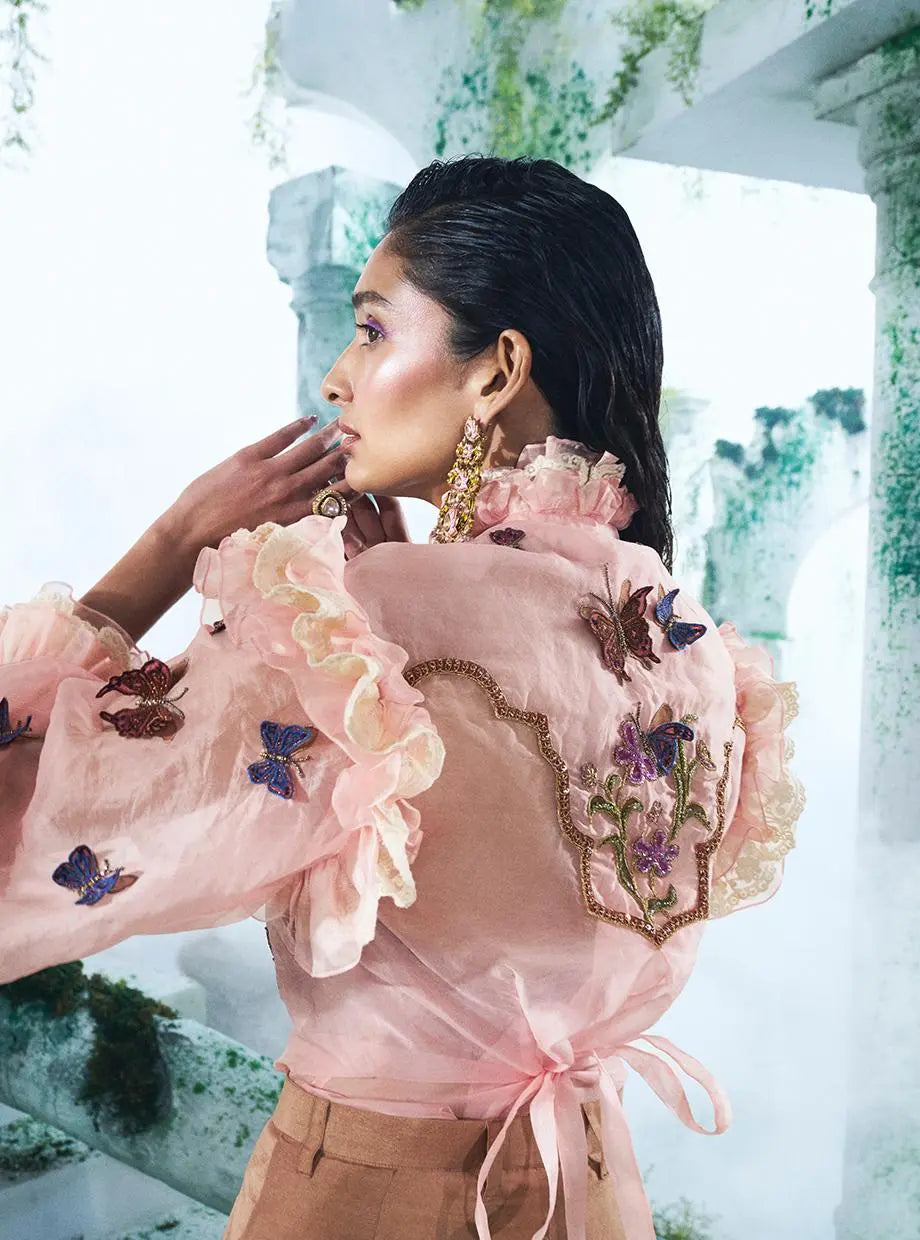 Carnation Pink Shirt With Pure Dupian Flared Pant - Ankush Jain