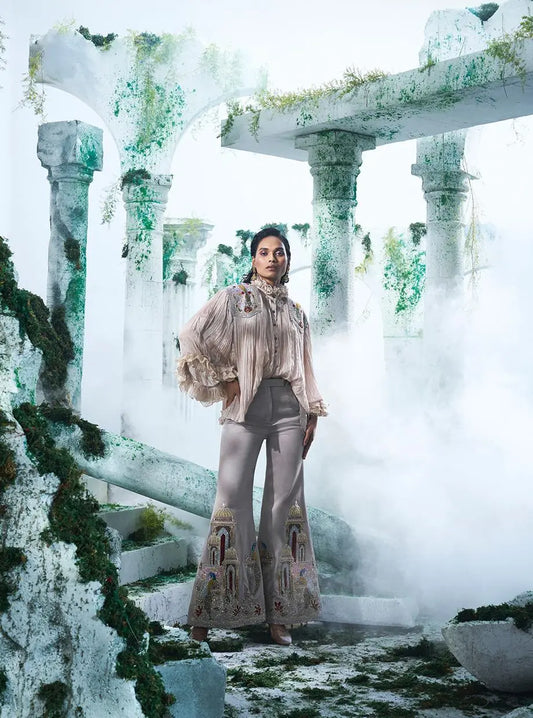 Chinon Chiffon Rushed Shirt In Dove Grey Colour Flared Pants In Same Colour - Ankush Jain
