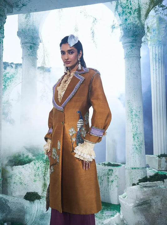 Deep Mustard Trench Coat With Shirt And Pant - Ankush Jain