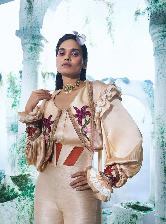 Modal Silk Balloons Sleeves Shirt With  Swallowed-tail Collars Paired  With High Waisted Corset Pant - Ankush Jain