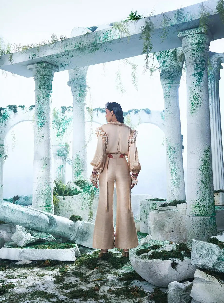 Modal Silk Balloons Sleeves Shirt With  Swallowed-tail Collars Paired  With High Waisted Corset Pant - Ankush Jain
