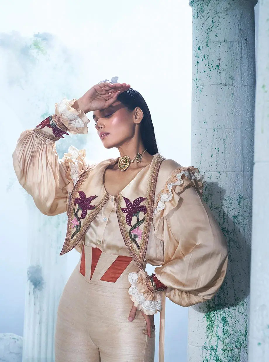 Modal Silk Balloons Sleeves Shirt With  Swallowed-tail Collars Paired  With High Waisted Corset Pant - Ankush Jain