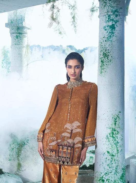 Mustard Coord Set Consists Of A Short Kurta Paired With Gajji Satin Pant - Ankush Jain