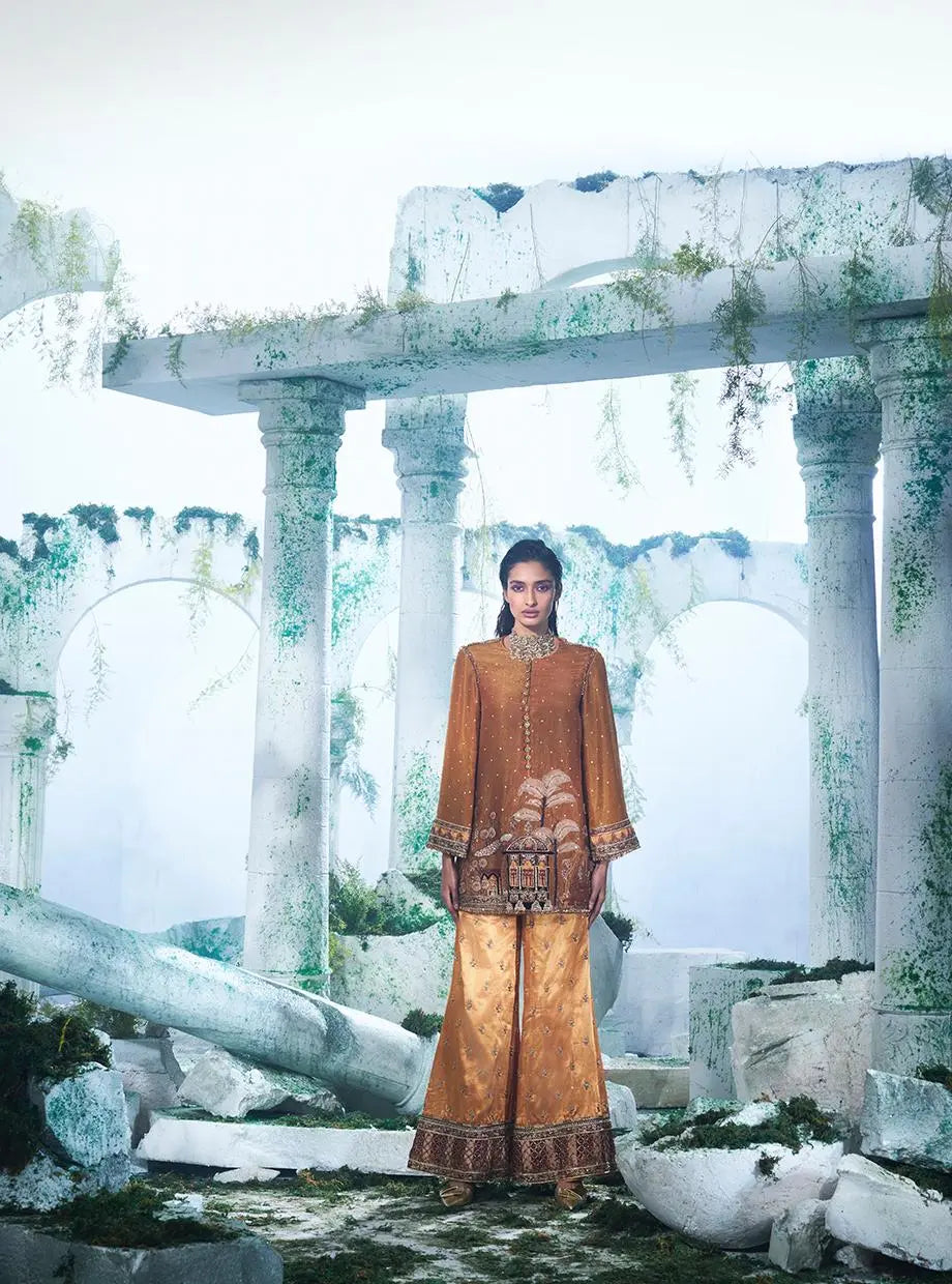 Mustard Coord Set Consists Of A Short Kurta Paired With Gajji Satin Pant - Ankush Jain