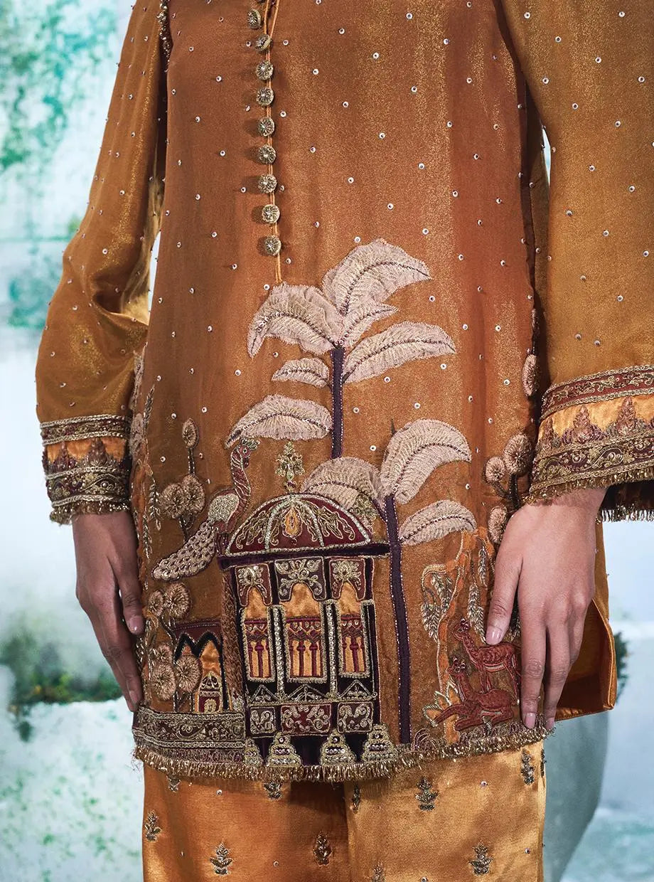 Mustard Coord Set Consists Of A Short Kurta Paired With Gajji Satin Pant - Ankush Jain