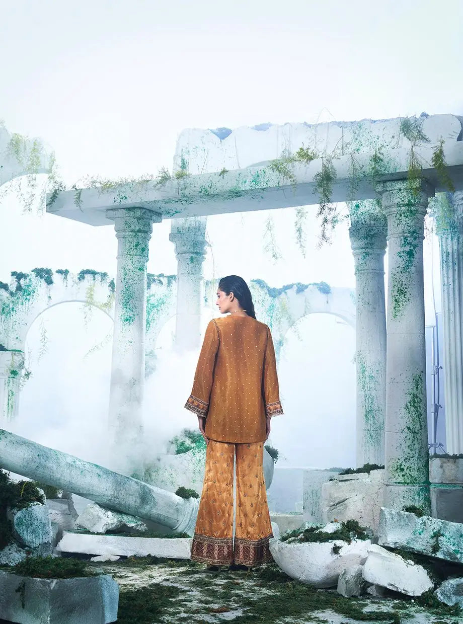 Mustard Coord Set Consists Of A Short Kurta Paired With Gajji Satin Pant - Ankush Jain