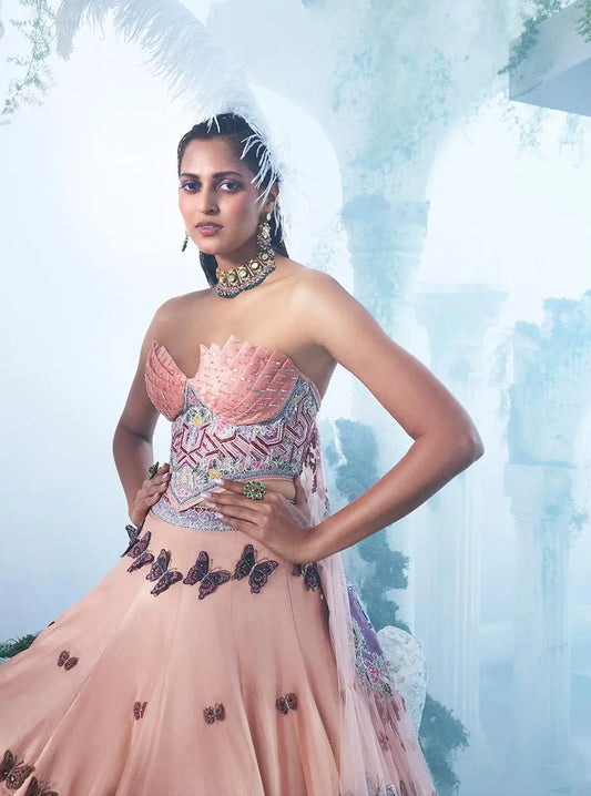 Peach Butterfly Lehenga - Ankush Jain