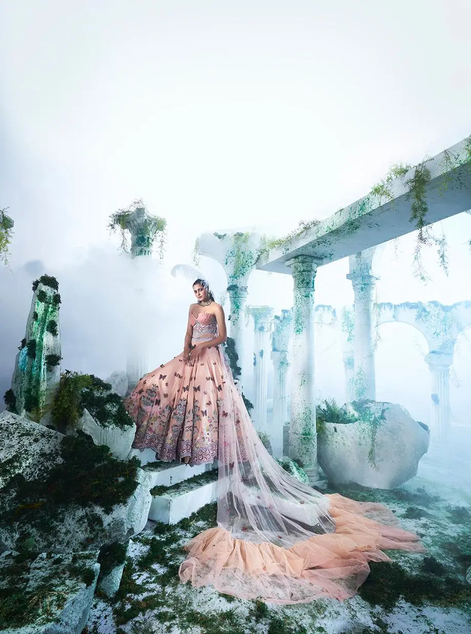 Peach Butterfly Lehenga - Ankush Jain