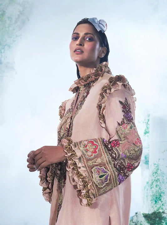 Peach Coord Set Consists Of A Foil Zari Georgette Kurta Paired With Flared Pant - Ankush Jain