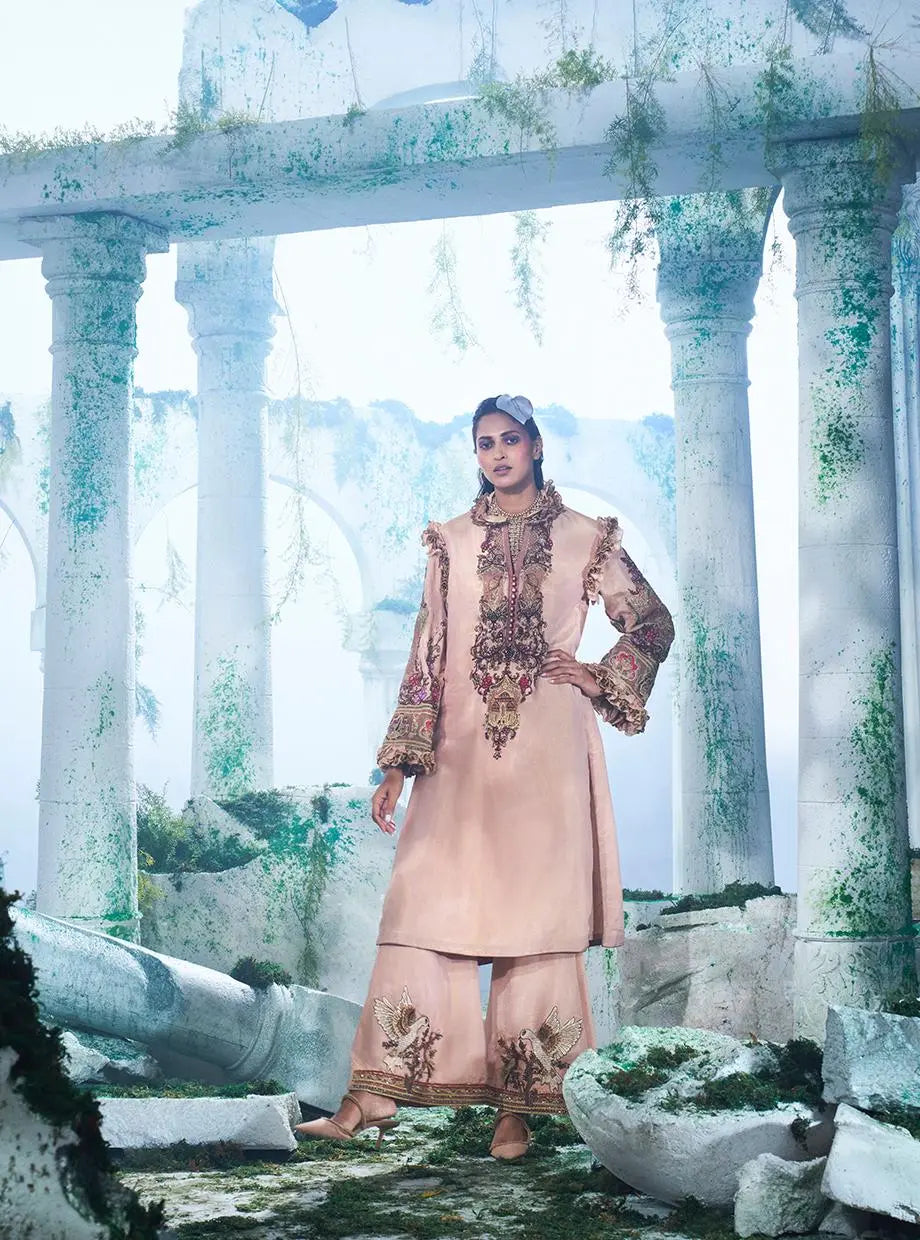 Peach Coord Set Consists Of A Foil Zari Georgette Kurta Paired With Flared Pant - Ankush Jain