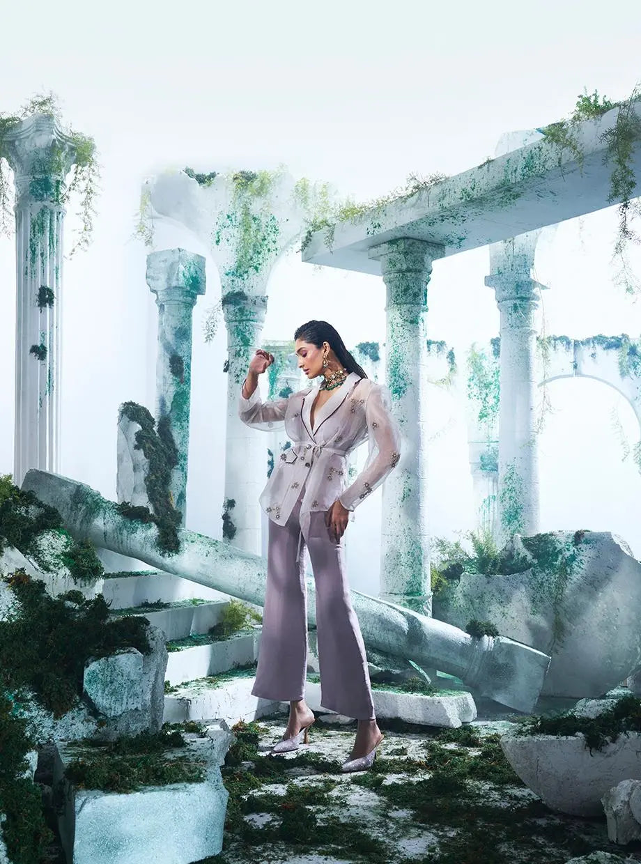 Puffed Sleeves Organza Blazer With Light Lavender Colour Pant - Ankush Jain